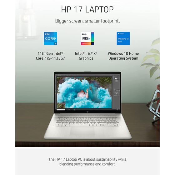 HP 惠普 17 笔记本电脑、第 11 代 Intel Core i5-1135G7、8 GB RAM、256 GB SSD 存储、17.3 英寸 HD+ 显示屏、Windows 10 Home、防眩光屏幕、长电池寿命、网络摄像头和双麦克风