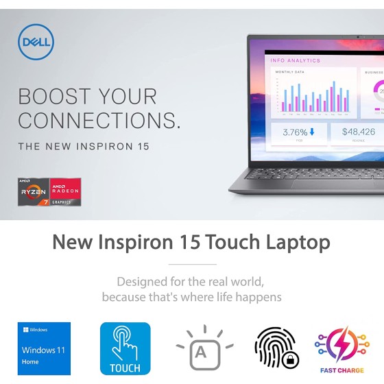 戴尔 Inspiron 15 笔记本电脑,15.6 FHD LED 背光触摸屏,AMD Ryzen 7 5700U,16GB DDR4 RAM,1TB PCIe SSD,HDMI,网络摄像头,背光键盘,WiFi,蓝牙,FP 阅读器,Win1