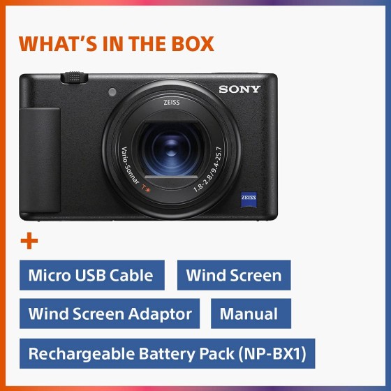 Sony 索尼 ZV-1 数码相机,内容创作者,Vlogging和YouTube,带翻转屏幕,内置麦克风,4K HDR 视频,触摸屏显示,实时视频流,网络摄像头